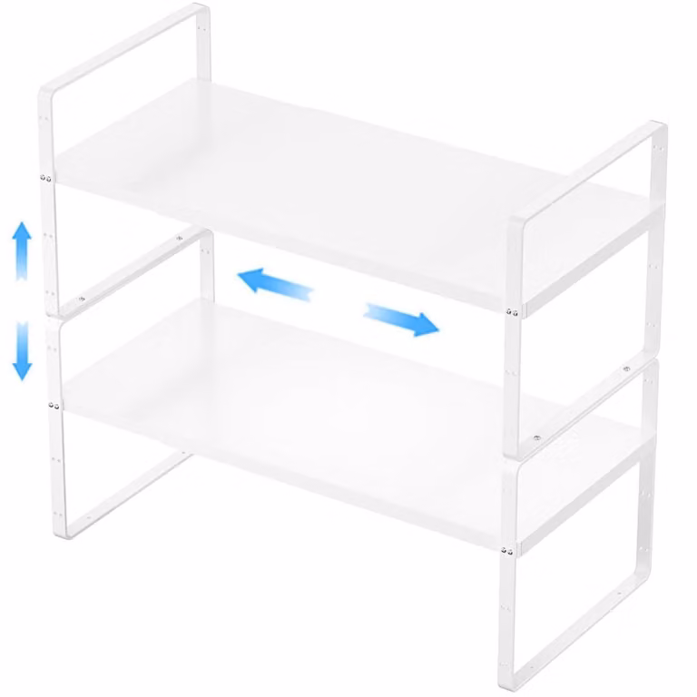 Organizzatore per scaffali da cucina, set da 2, bianco, metallo, espandibile e impilabile