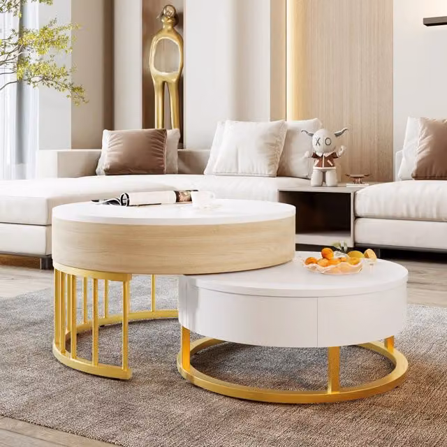 Set 2 Tavolini da Salotto Rotondi, Piano Regolabile in Altezza con Cassetto, Struttura Metallo Oro, MDF Bianco Effetto Legno