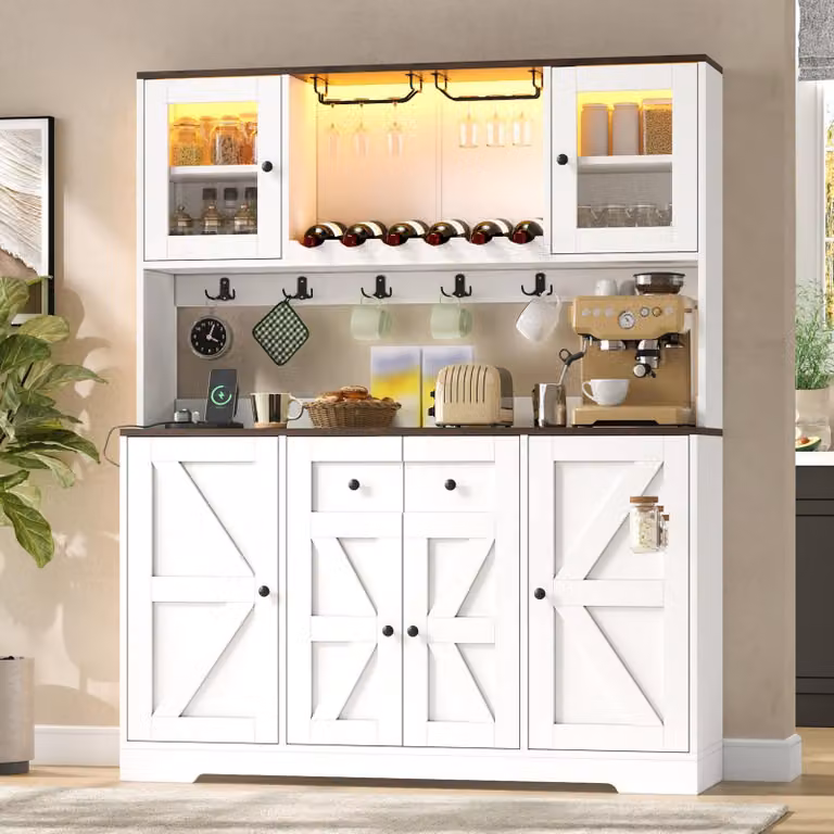 Mobile da cucina 140x40x173, con illuminazione a LED, prese di corrente, ante in vetro acrilico, scaffali per vino, portabicchieri e vetrina