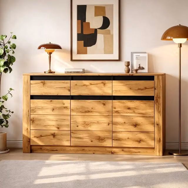 Credenza moderna in legno marrone con 3 cassetti e 3 armadietti chiudibili L: 140 cm, P: 35 cm, H: 70 cm – 1