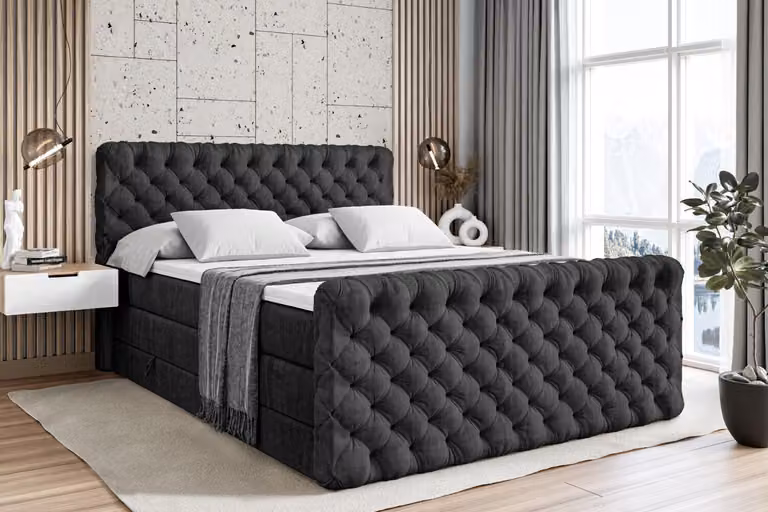 Letto boxspring ALTDECOR con pediera, 2 materassi e topper - 180x200 cm - BOXI8-Z KING - Velluto nero - Letto imbottito con materassi H3 e H4, contenitore e rete a doghe, letto con spazio contenitivo