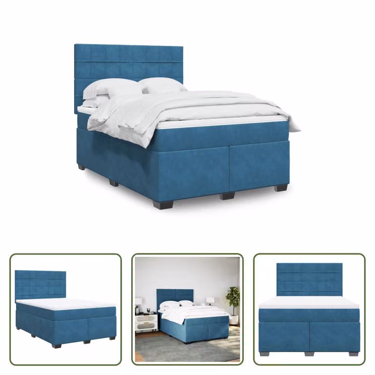 The Living Store Letto a molle con materasso Blu 140x190 cm in velluto