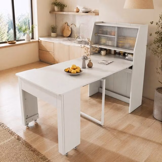 Tavolo da pranzo estensibile ULEVR 52-132,5x80x76 cm con 3 pannelli rimovibili e vano con vetro, bianco
