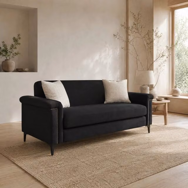 Divano a 2 posti Mivray in tessuto nero con struttura in legno e metallo, L: 172 cm, P: 82 cm, H: 72 cm