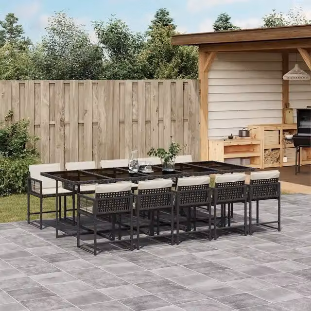 Set da pranzo da giardino vidaXL in polyrattan nero con cuscini bianchi e tavolo in vetro – 1