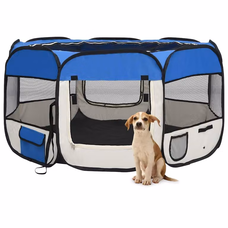 vidaXL Box per Cani Pieghevole con Borsa per il Trasporto, Blu, L/P/H: 125 x 125 x 61 cm