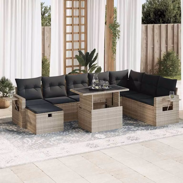 Set Divano da Giardino vidaXL 9 Pezzi in Polyrattan con Cuscini Grigio e Nero con Forma a L e Tavolino da Caffè