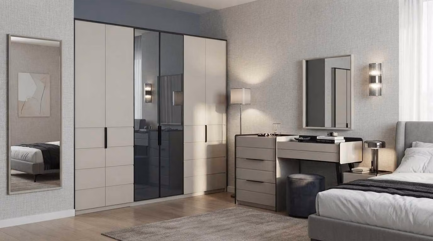 Armadio con ante in vetro, tavolino da trucco beige e nero, set moderno ed elegante