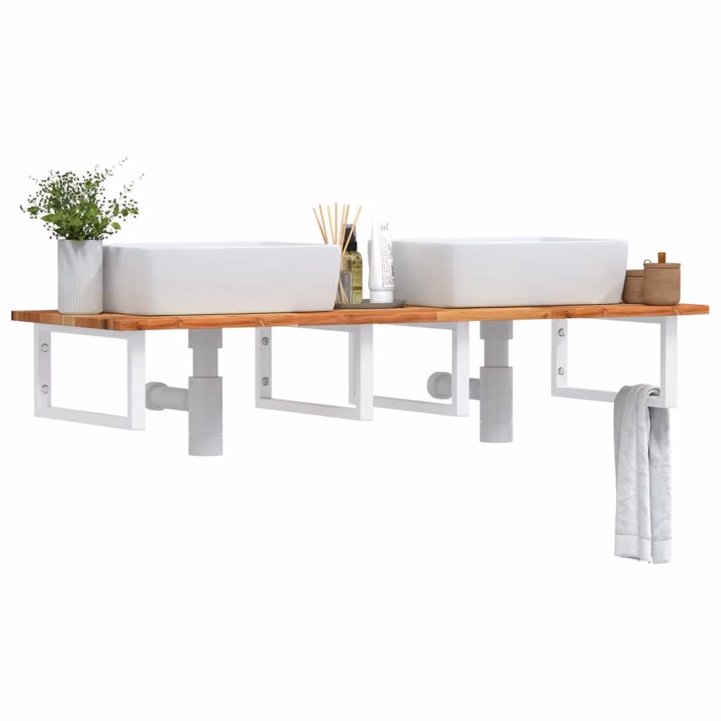 vidaXL Ripiano da parete per lavabo in legno di acacia oliato e metallo, marrone e bianco