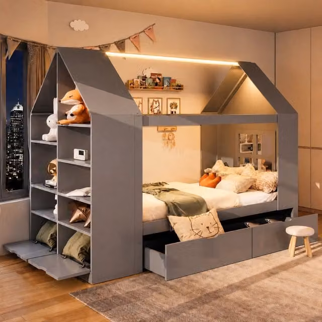 Letto per bambini 90 × 200 cm con due cassetti, led, contenitore e finestra decorativa, senza materasso, in legno, grigio