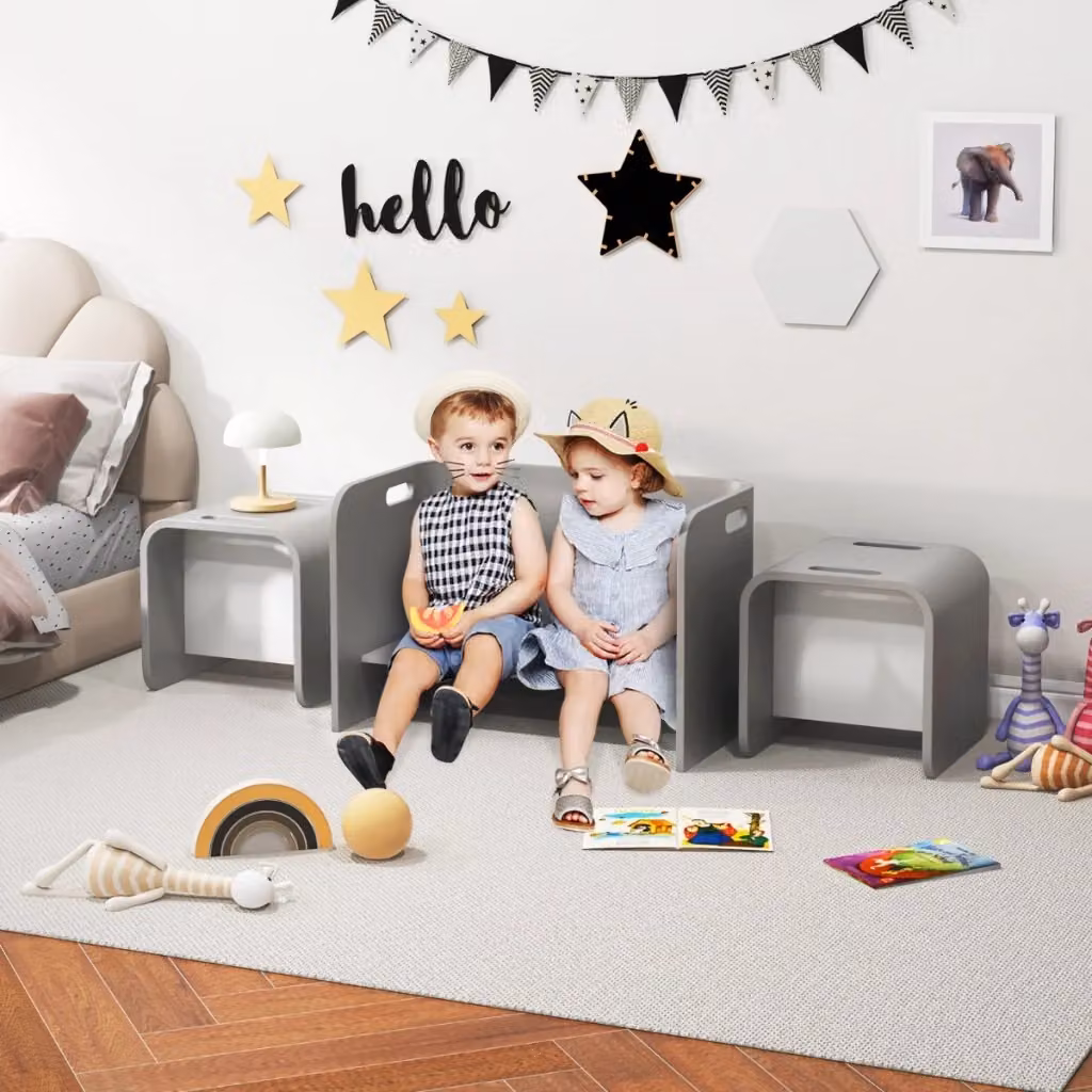 Set tavolo e sedie Design Mania in legno di faggio per bambini, colore grigio, design moderno con superficie liscia e bordi arrotondati – 2