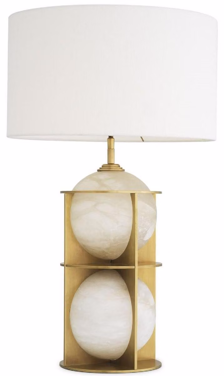 Casa Padrino lampada da tavolo in ottone antico/alabastro/bianco Ø 45 x H. 75 cm - Lampada da tavolo moderna in metallo con sfere in alabastro e paralume rotondo - Qualità lussuosa