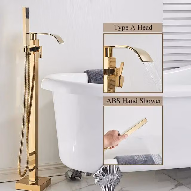 Rubinetto per vasca da bagno e set doccia - Miscelatore a pavimento freestanding - Bocchetta a cascata - Miscelatore monocomando per acqua calda e fredda - Ottone con doccetta manuale - Oro