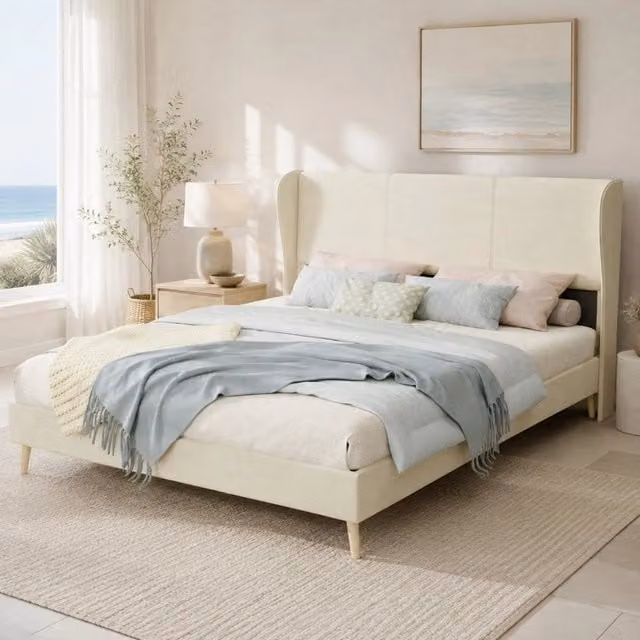 Letto imbottito Mivray con testiera in tessuto beige per materasso 160 x 200 cm