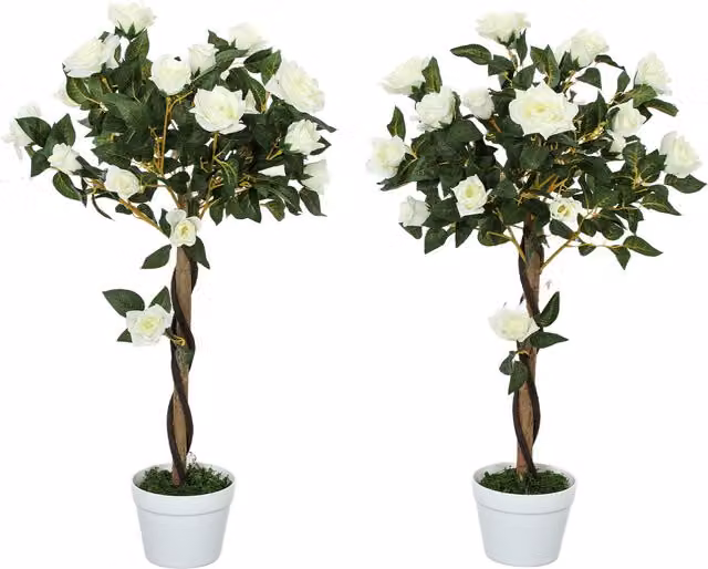 Pianta finta di rose Outsunny con 21 fiori e vaso in cemento, Bianco, Ø18 x H 90 cm – 1