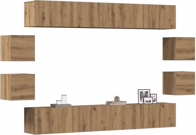 Set Mobile TV 8 pz-Credenza per TV Montato a Parete Rovere in Legno Multistrato 388504