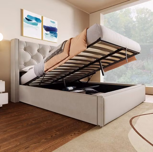 Letto matrimoniale ULEVR 140x200 cm con contenitore sollevabile, rete a doghe e testiera imbottita, grigio chiaro