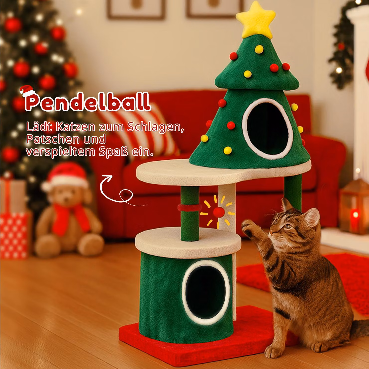 COMHOMA tiragraffi con design ad albero di Natale 123 cm, stabile torre per gatti ad albero con tiragraffi, casa per gatti a più piani con piattaforme e palla da gioco