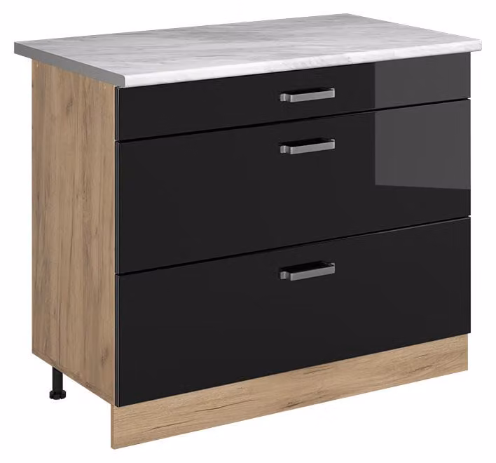 Mobiletto base per cucina Vicco R-Line Nero lucido/Rovere dorato 100 cm piano di lavoro Marmo, Model 71646
