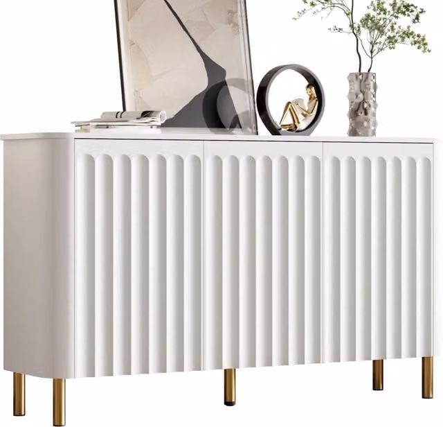Sideboard MDF 3 ante, piedi in metallo, rilievo a colonne, bordo ondulato, angoli arrotondati, senza maniglie, per soggiorno