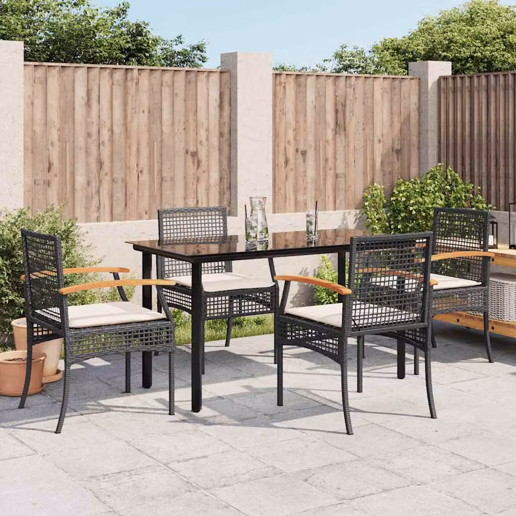 Set da Pranzo da Giardino vidaXL 5 pz in Polyrattan e Legno di Acacia con Piano in Vetro Nero e Bianco – 1