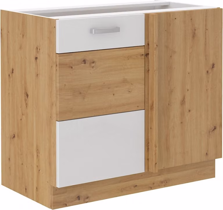 Armadietto allungato ad angolo ADARA - larghezza 105 cm, bianco / rovere artisan
