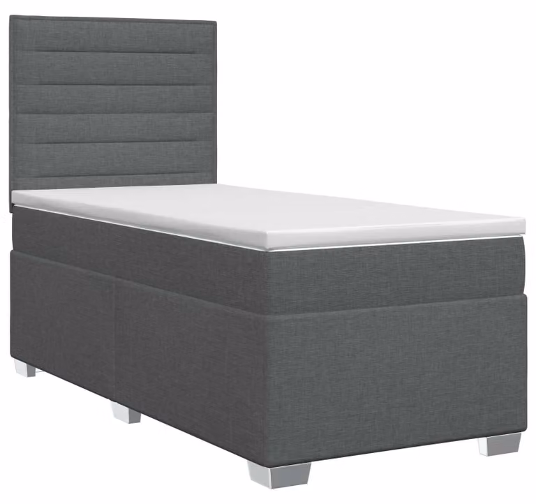 Letto matrimoniale imbottito con materasso, colore grigio scuro, rivestito in tessuto