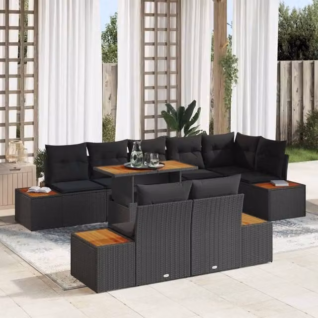 Set Divano da Giardino a Forma a U vidaXL in Rattan Nero con Tavolino e Cuscini – 1