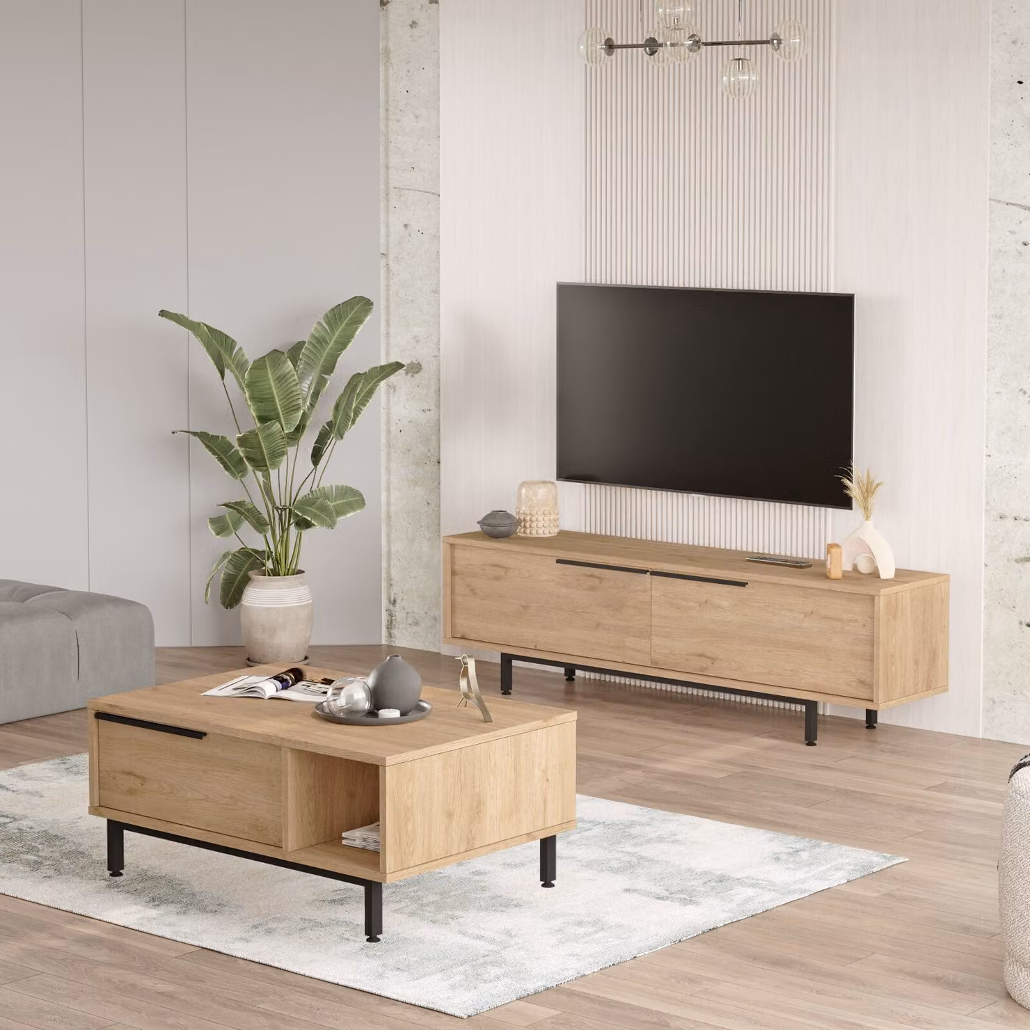 Skye Decor, ON19-S, Set di mobili per soggiorno, rovere, 100% PANNELLI DI PARTICELLE RIVESTITI IN MELAMMINA, 160 x 35,5 x 45 cm