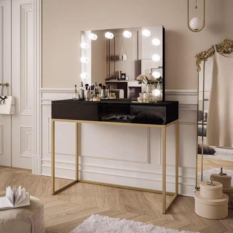 Tavolo da trucco BLANCO GOLD ELITE con specchio e illuminazione, oro opaco / bianco lucido Push to open