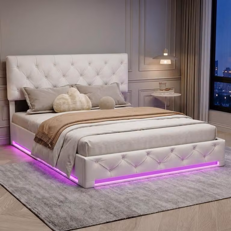 Struttura letto ProximaX in lino beige 160x200 cm con vano contenitore idraulico e illuminazione a LED, letto imbottito con testiera regolabile
