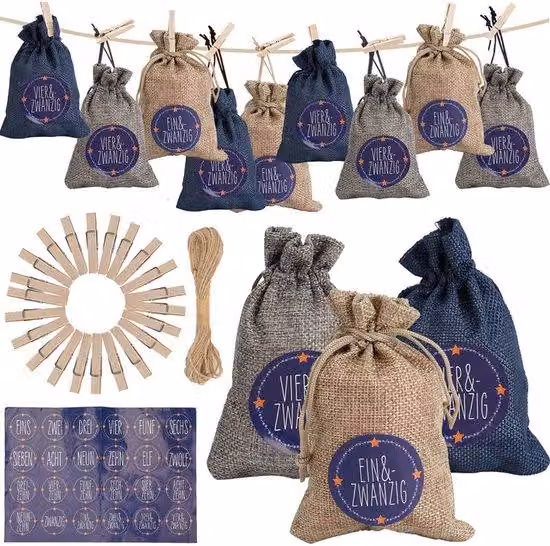 Calendario dell'Avvento da riempire - 24 sacchetti regalo - Kit per creare decorazioni natalizie - Kit completo - Blu/Beige/Grigio