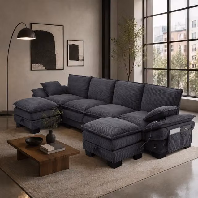 Divano modulare MODFU a 4 posti in velluto a coste grigio con pouf e ricarica USB-C L/P/H: 330 x 132 x 84 cm