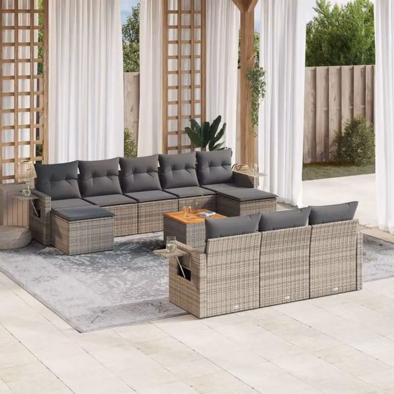 vidaXL Set Divani da Giardino 11 pz in Polyrattan Grigio con Cuscini e Tavolino da Esterno