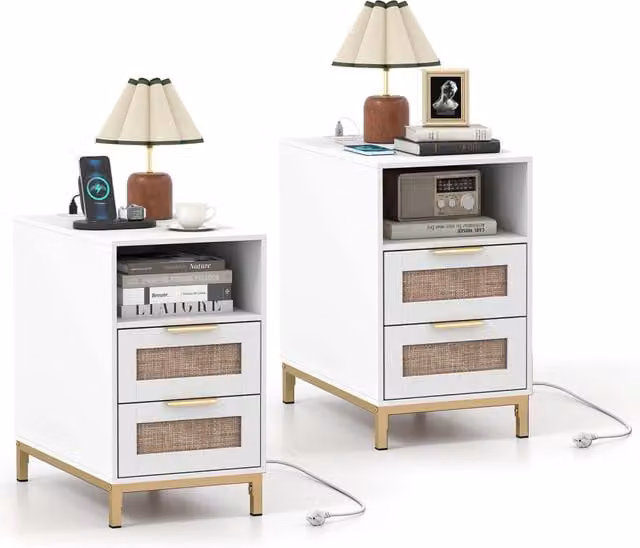 Set di 2 comodini rattan stazione ricarica tavolino letto boho, Comodino ripiano aperto 2 cassetti gambe metallo camera soggiorno ingresso Bianco