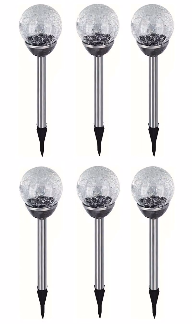 6 lampade da giardino a LED in acciaio inossidabile a forma di sfera con effetto "crackle", lampada solare, illuminazione decorativa da giardino, lampada bianca