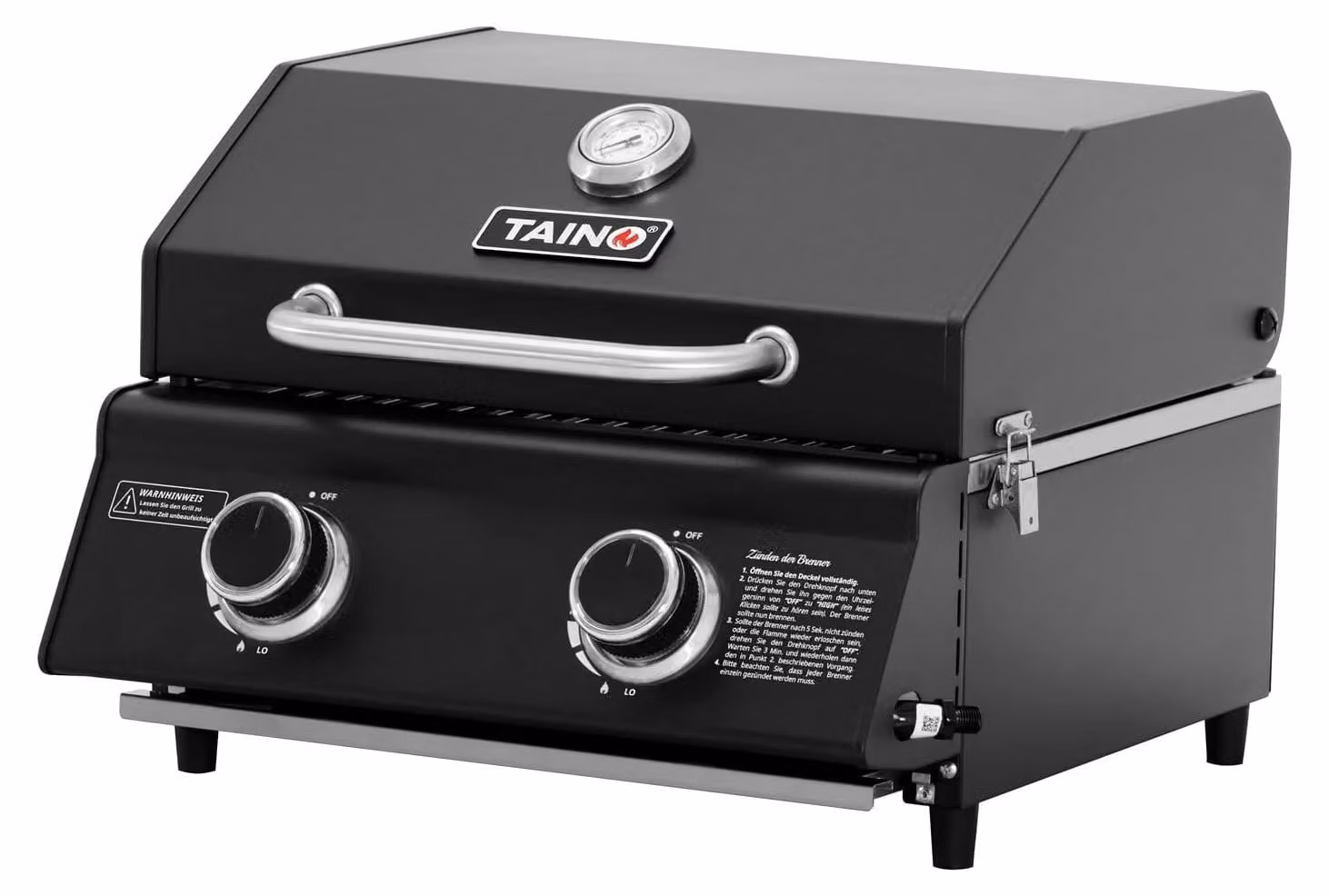 Griglia a gas da tavolo compatta - 2 bruciatori - Barbecue a gas da campeggio - Coperchio a doppia parete - Nero - Per campeggio e balcone