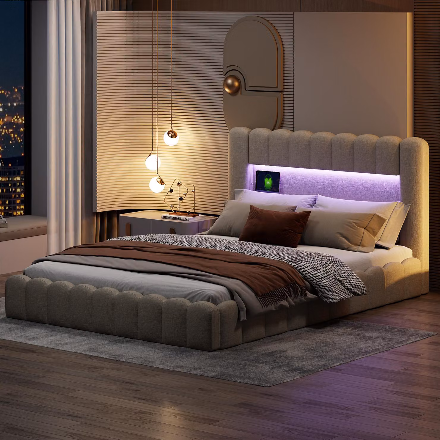 CDGlobal letto imbottito 180x200cm con USB, letto contenitore con LED, letto giovanile letto matrimoniale con rete a doghe, letto funzionale, biancheria, beige
