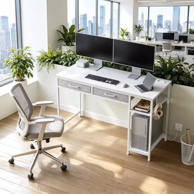 Scrivania da computer moderna WISHDOR bianca con ripiano laterale e stazione di ricarica integrata, L/P/H: 120 x 51 x 75 cm