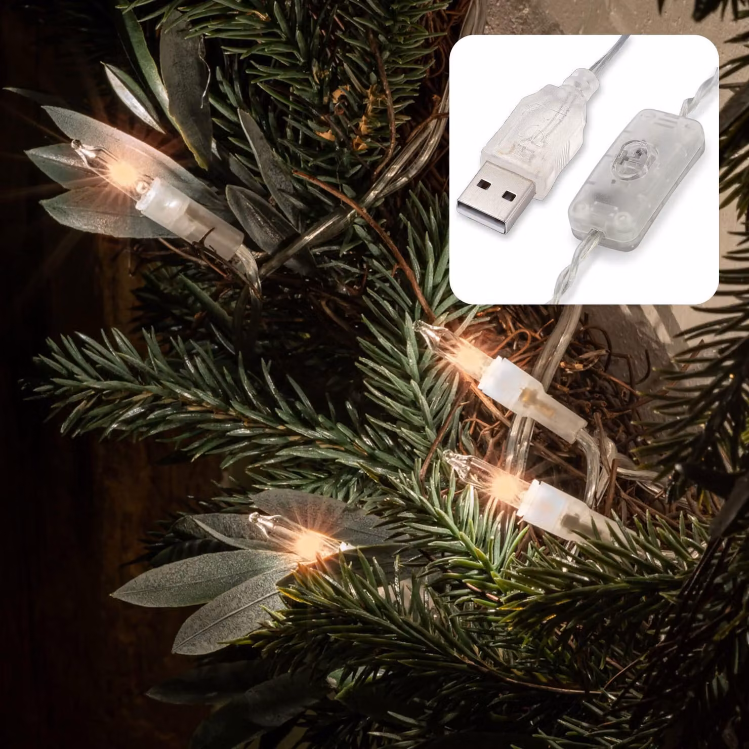 Catena luminosa a LED, 35 LED bianco caldo, alimentazione USB, 4,08 metri, trasparente