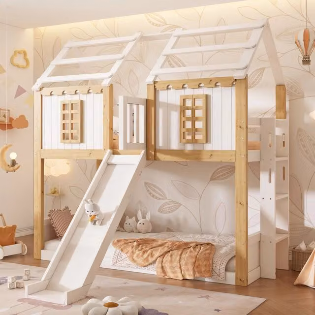 Letto a castello a casetta per bambini 90 x 200 cm; con scivolo; scala flessibile; protezione anticaduta a 360 ; finestra; struttura in legno; bianco