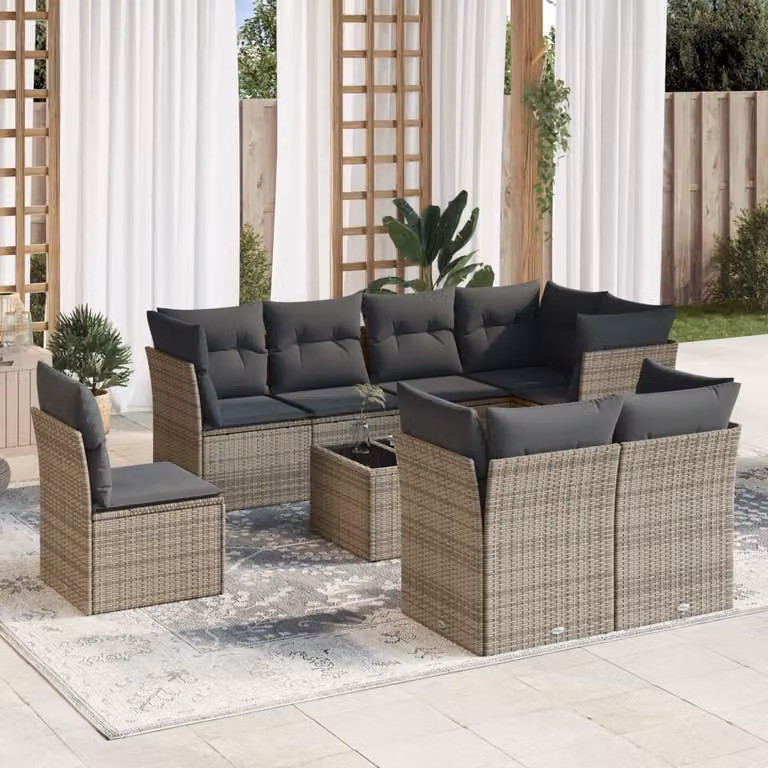 vidaXL Set Divano da Giardino 9 pz in Polyrattan Grigio con Cuscini e Tavolino