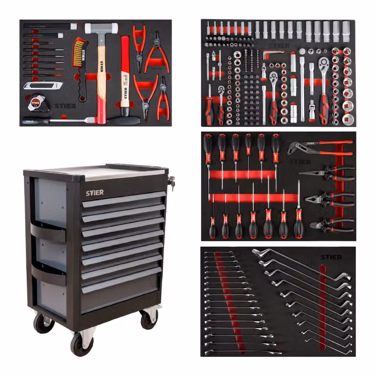Carrello da officina STIER Premium con piano di lavoro in acciaio inox, completamente attrezzato con 241 pezzi, 7 cassetti, prodotto in Europa