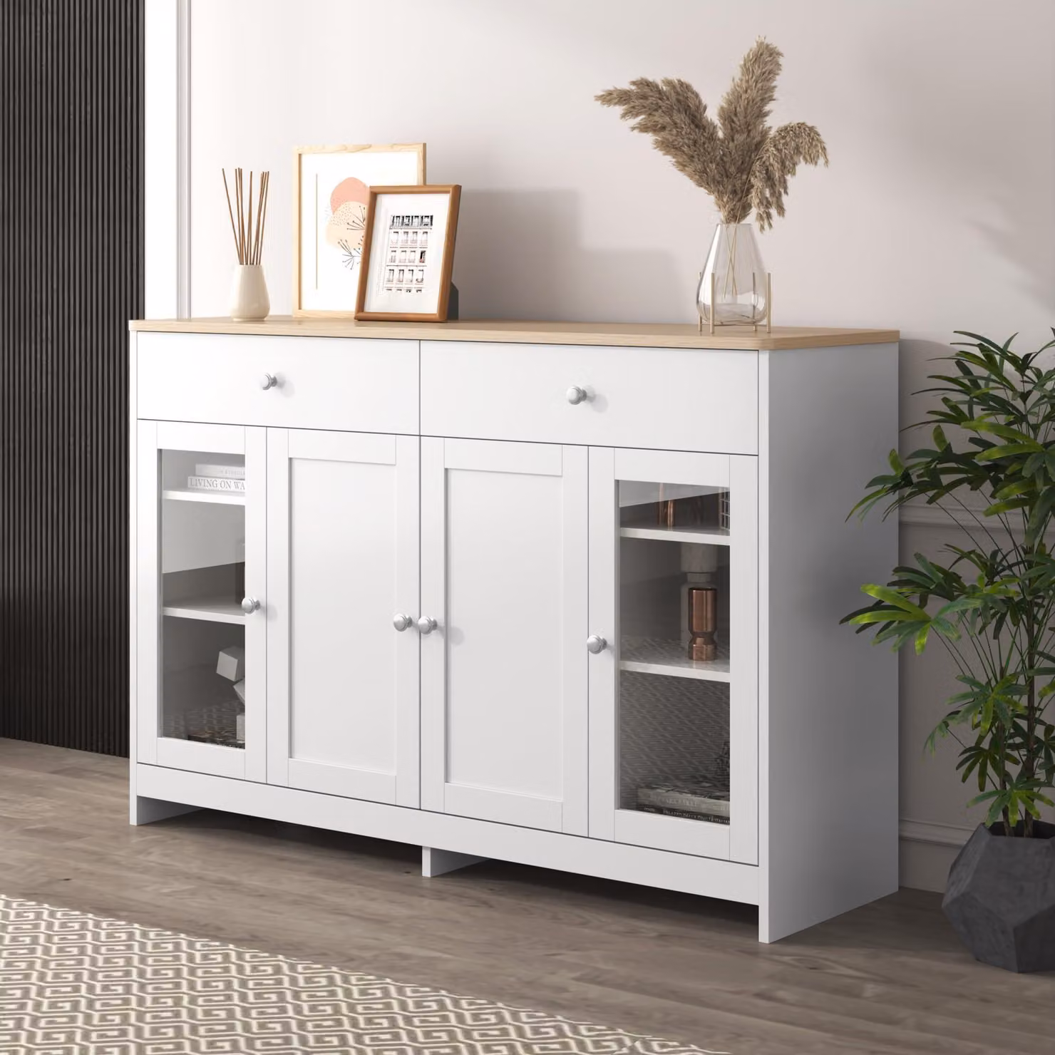 FurnitureR: Mobile contenitore bianco, design scandinavo, impiallacciatura in legno, moderno