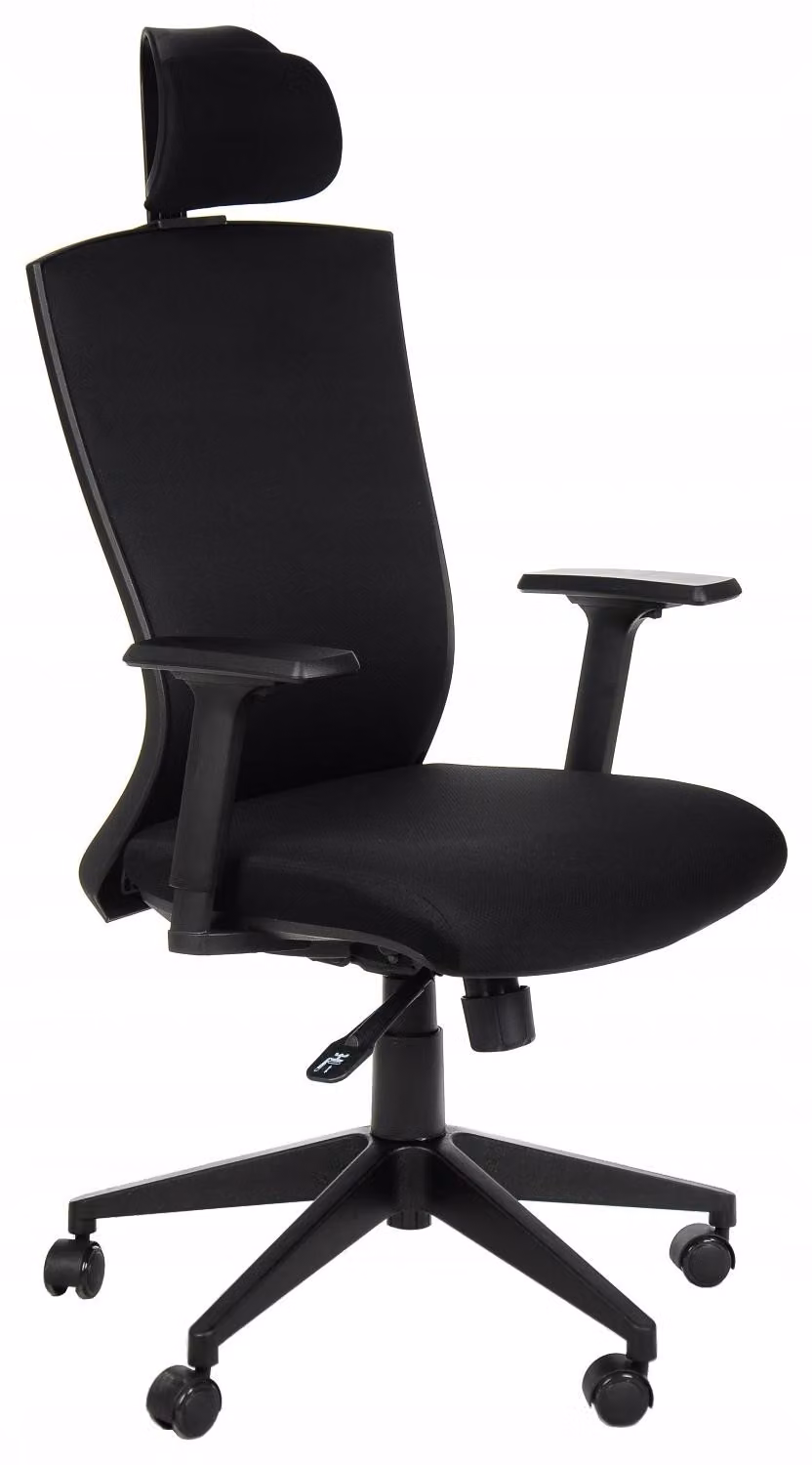 Sedia da ufficio ergonomica girevole HG-0004F, base in nylon, braccioli regolabili, poggiatesta, nero