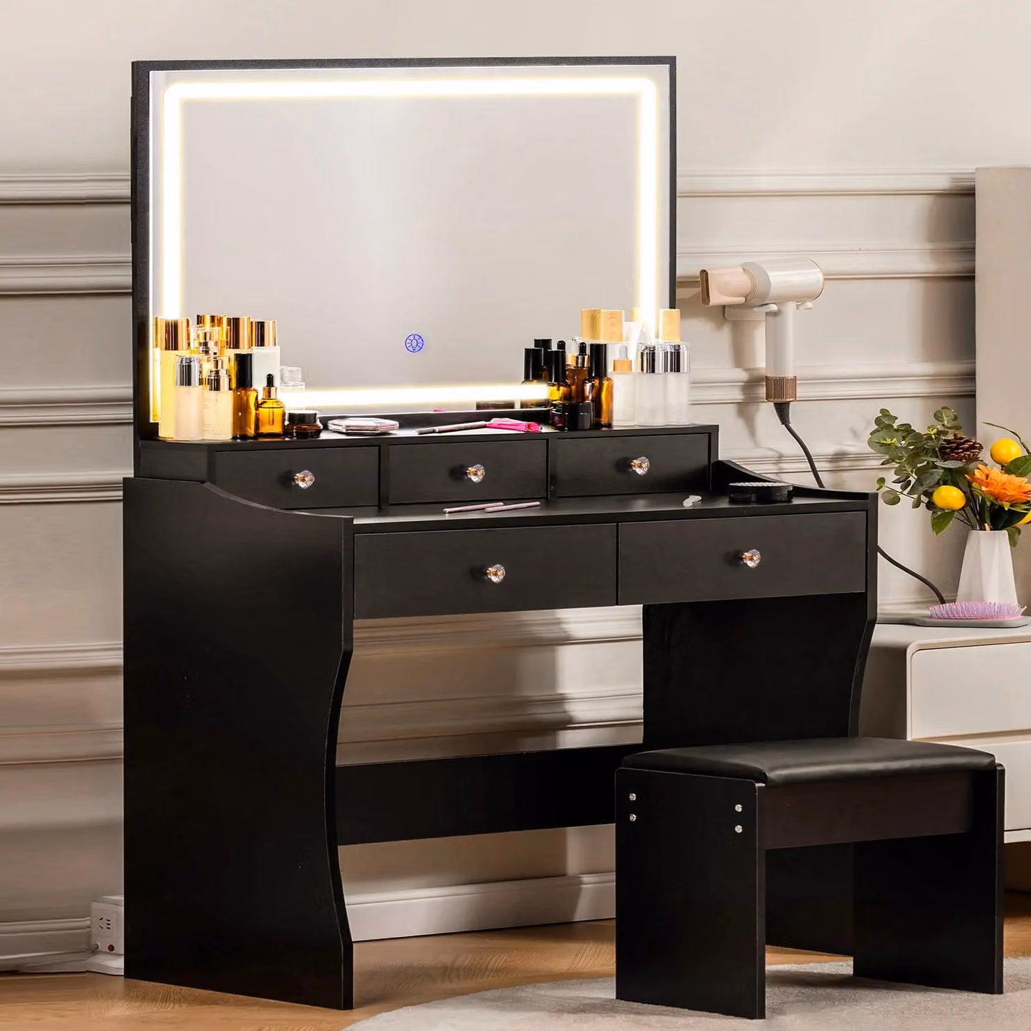 Tavolino da trucco - Specchiera da trucco - Tavolino per il trucco - Comodino - Tavolino per il trucco - Con 5 cassetti - Illuminazione LED regolabile