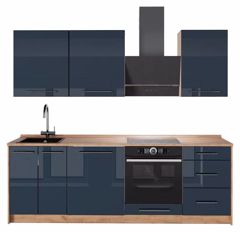 Cucina componibile Vicco Fame-Line Blu scuro lucido/Rovere dorato 230 cm, PL Rovere, Model 65732
