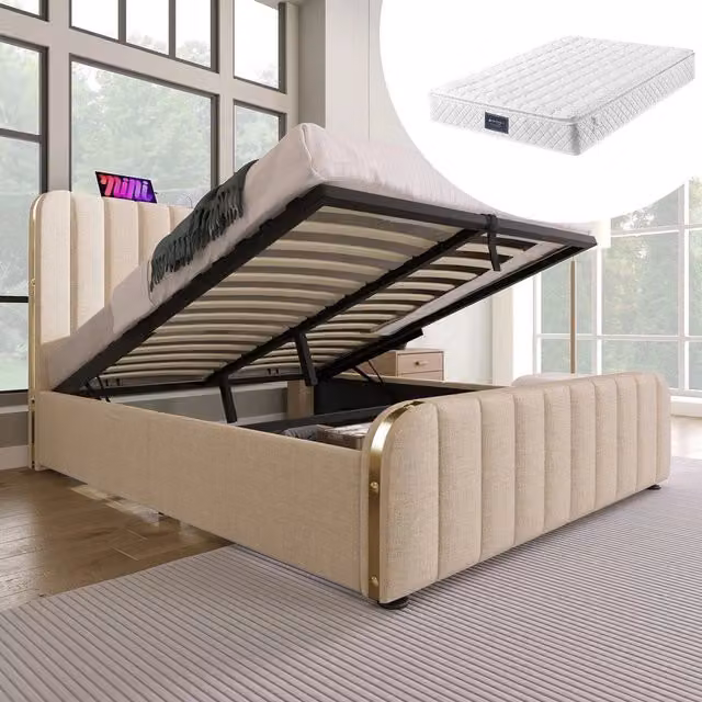 Letto imbottito matrimoniale con contenitore ¨C Minimal ¨C Beige tessuto 140x200cm con materasso porta USB tipo-C