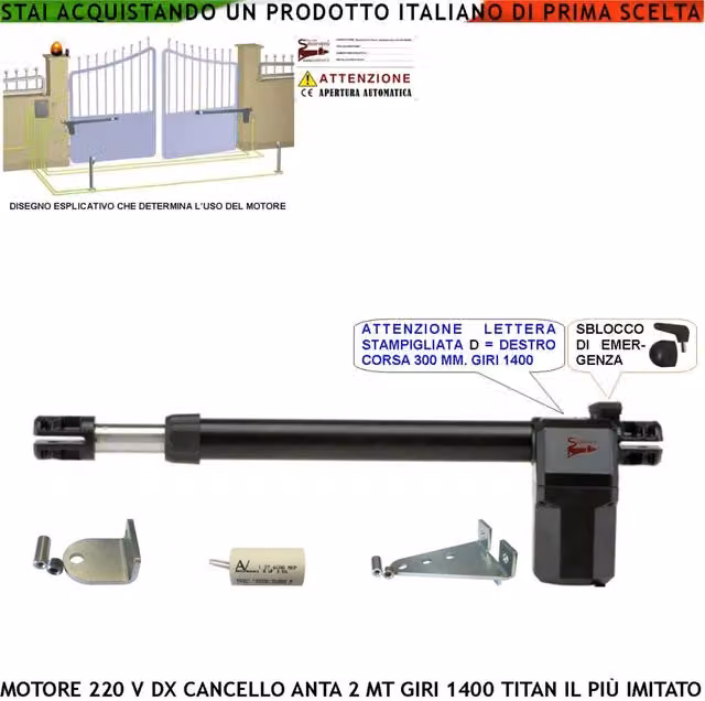Motore per cancello Securvera Titan 230 V Destro, corsa stelo 300 mm per anta fino a 2 m, sblocco a chiave, corpo in alluminio pressofuso nero, protezione IP55
