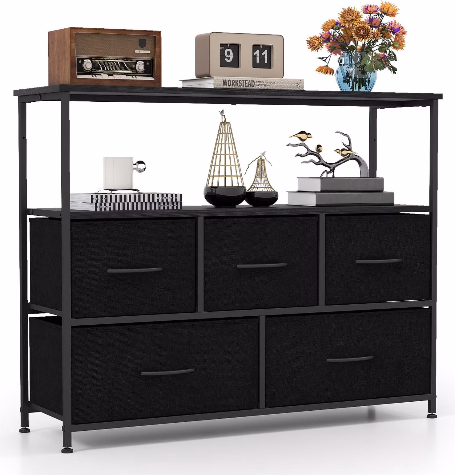Cassettiera COSTWAY con 5 cassetti e ripiani in tessuto, cassettiera con piano in legno e struttura in metallo, mobile contenitore, 100 × 30 × 80 cm, nero